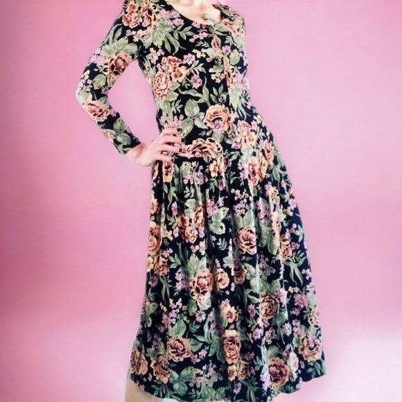 Vintage 90s Donna Ricco Floral Midi Dress - Picture 1 of 12
